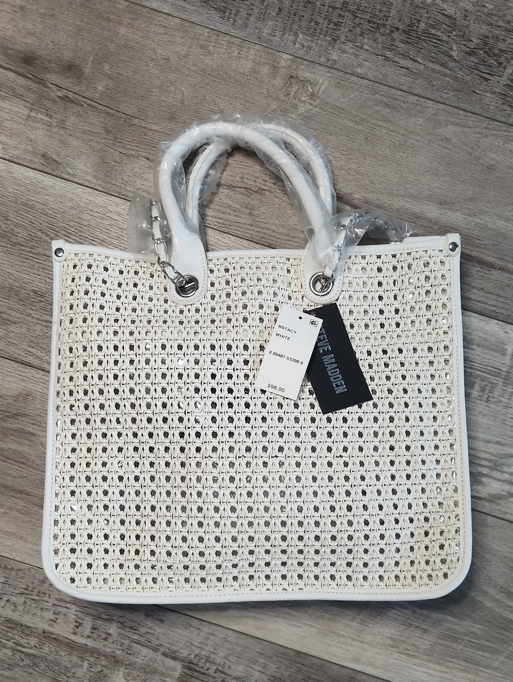 Steve Madden White Woven Tote Plastic Inside BStacy